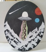 Original Artwork Acrylic on Canvas 20x16 Oval Space Ship Aliens Planets OOAK  - £47.88 GBP