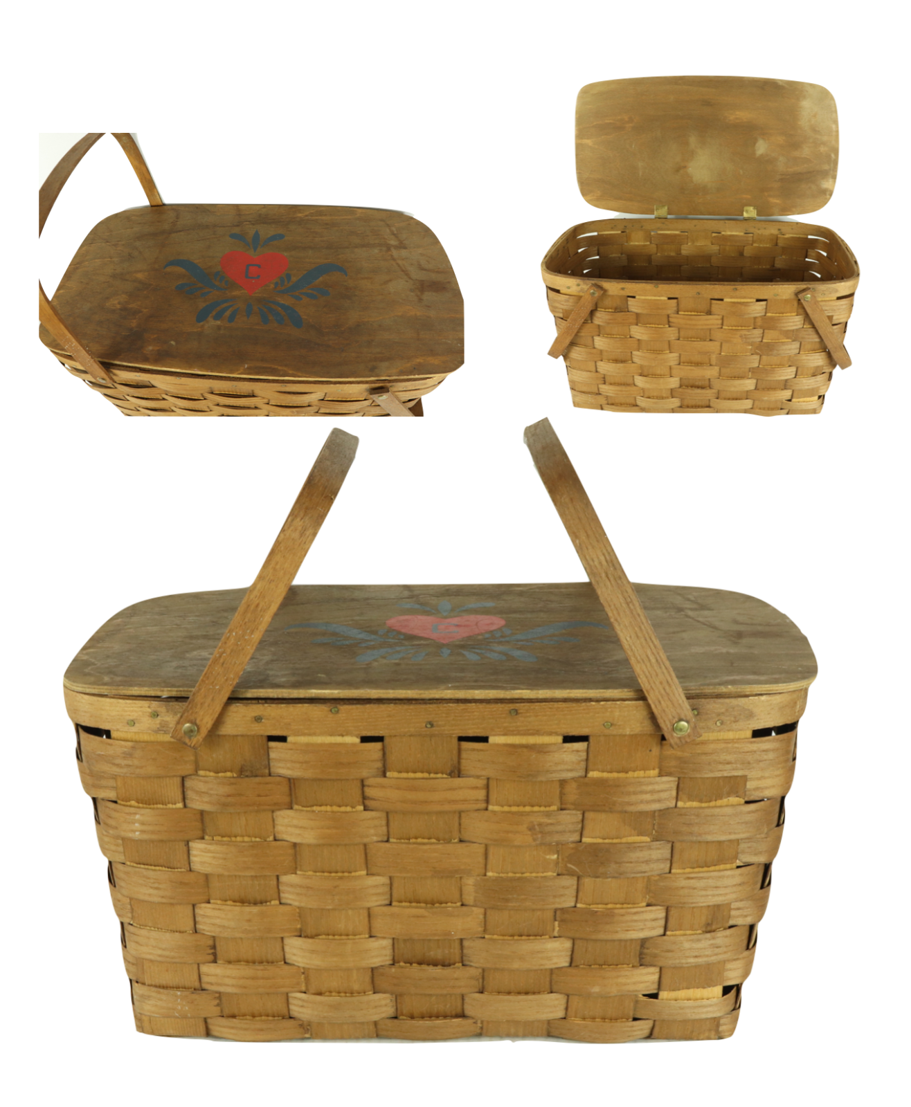 Primary image for Vintage 50s Two Handle Hinged Wicker Picnic Basket Rockabilly Pinup C Heart Wood