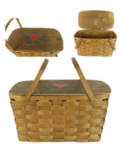 Vintage 50s Two Handle Hinged Wicker Picnic Basket Rockabilly Pinup C Heart Wood - £70.96 GBP