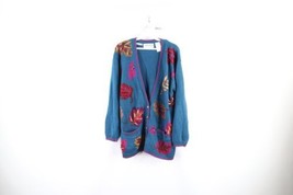 Vtg 90s Streetwear Womens Medium Hand Knit Nature Fall Leaves Cardigan Sweater - £47.44 GBP