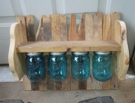 Handmade Rustic 4 Blue Mason Jar Shelf with slats, 17x6x14, made to order - $31.54