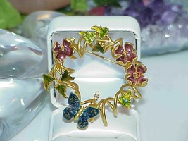 Vintage Enamel Dogwood Butterfly Leaf Wire Couture Pin High Karat Gold K... - £38.93 GBP