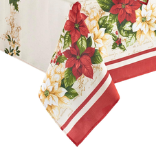 Elrene Home Fashions Red and White Poinsettia Holiday Fabric Tablecloth, 60&quot; X 1 - £25.59 GBP