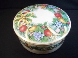 Mikasa fine porcelain covered candy dish Holiday Bouquet gold rim fruit ribbons - $11.64