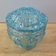 Fenton Blue Green Iridescent Trinket Box Carnival Glass Leaf Pattern Opa... - $46.74
