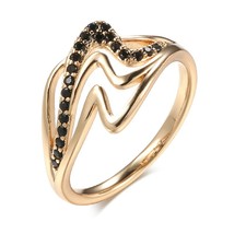 Hot Natural Black Zircon Ring 585 Rose Gold Geometric Hollow Line Wave Rings for - £7.24 GBP