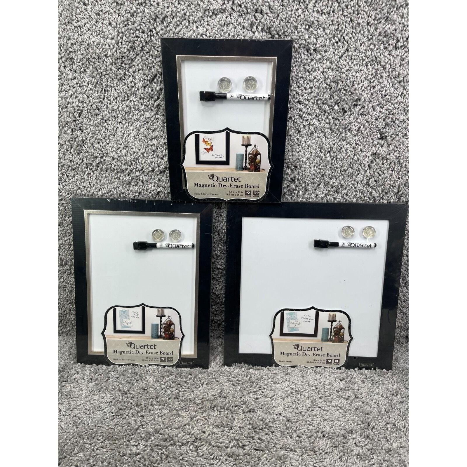 Set Of 3 Quartet Assorted Magnetic Dry Erase Board Black Silver Frame - £21.28 GBP