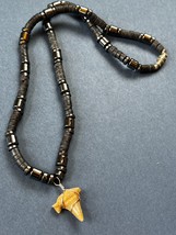 Black Wood &amp; Hematite Like Barrel Bead w Wire Wrapped Shark’s Tooth Pendant Neck - £10.34 GBP