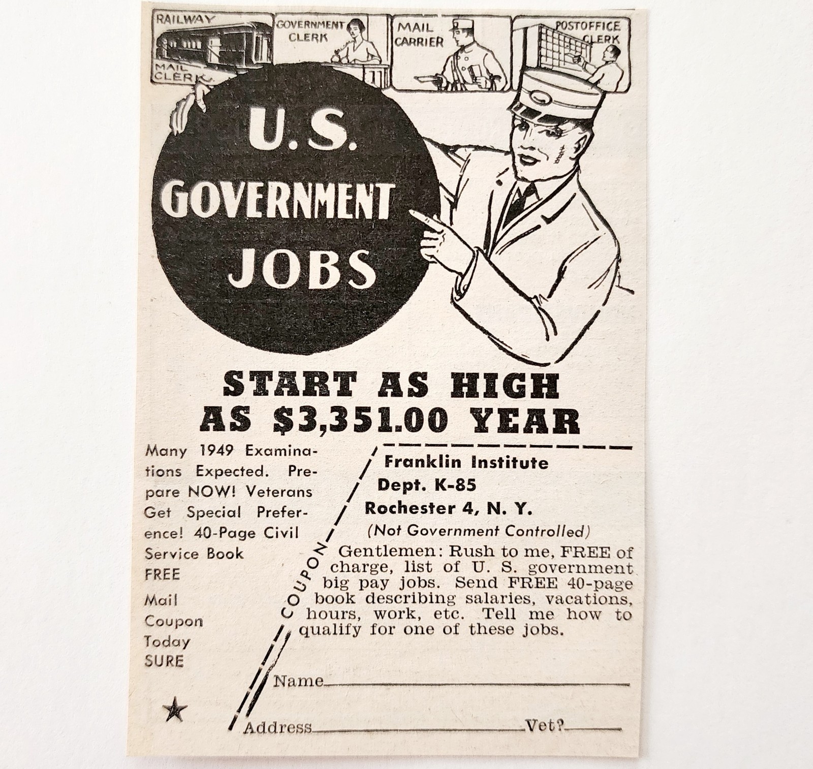 1949 Railway Postal Clerks Government Advertisement Railroad Jobs Vintag... - $19.99