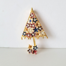 Vintage Rhinestone Faux Pearl Flower Umbrella Pin Brooch Gold Tone - £9.56 GBP