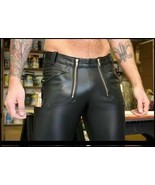 Men's Real Cowhide Leather Pants Double Zips BLUF Bikers Cargo Pocket Lederhosen - $129.99