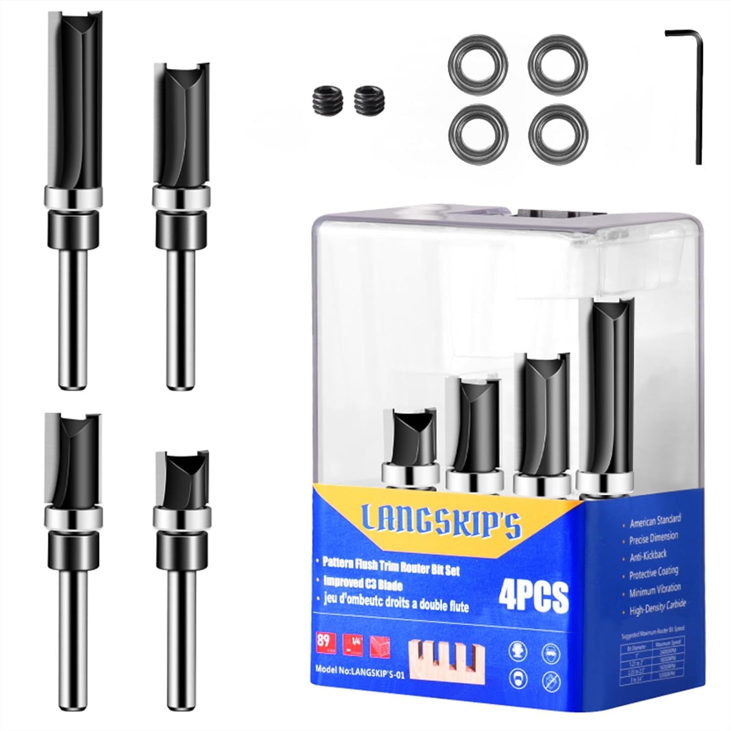 Pattern Flush Trim Router Bit Set, Langskip&#39;S 4Pcs 1/4 Inch, Durable For... - $32.62