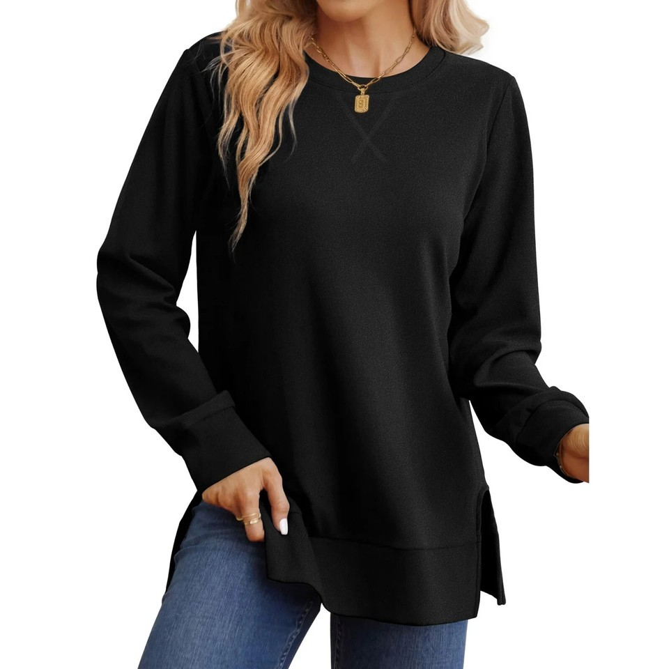 MOSHU Crewneck Sweatshirts for Women Side Split Long Sleeve Black - Size... - $14.99