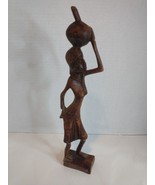 Hand Carved 11 1/4&quot; Wooden Haitian Woman Figurine Basket On Head - £18.59 GBP