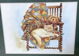 Vintage Framed Sleeping Kitty Cat In Chair With Quilt And Teddy Bear Art Print - £12.70 GBP