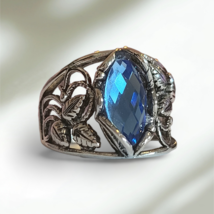 925 Sterling Silver Blue Stone Radiant Statement Leaf Vine Ring sz 10 - £14.59 GBP