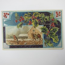 Antique Christmas Postcard Snowy House Birds Holly Berries Silver Embossed 1910 - £15.72 GBP