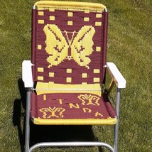 VTG Folding Macrame Lawn Chair Brown Yellow Aluminum Frame Butterfly Linda Camp - £36.58 GBP