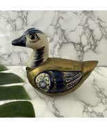 Vintage Ceramic Brass Duck Figurine Home Decor Blue Floral Metal Boho Bird - $601.94 MXN