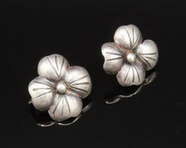 925 Silver - Vintage Etched Four Pedal Flower Non Pierced Earrings - EG1... - £29.68 GBP