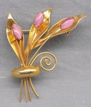 Vintage Lily Floral Bouquet MCM Brooch Pin Pink Cabochon Unsigned Retro - £15.59 GBP