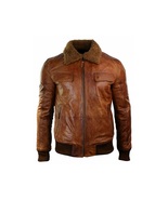 Mens Distressed Brown Fur Collar Bomber Vintage Real Leather Jacket - $130.00