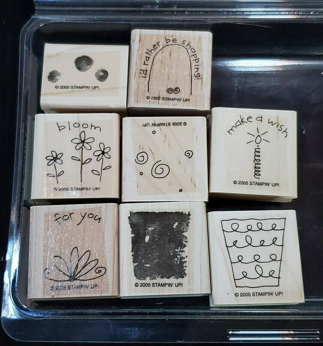 Retired Fun Filled Stampin Up 2005 Set 8 Wood Mounted Stamps Flowers Shopping - $10.99