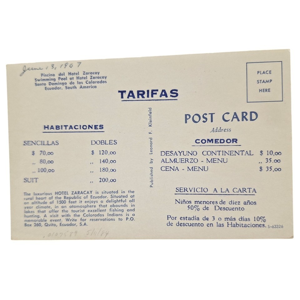 Postcard Swimming Pool At Hotel Zaracay Santo Domingo Ecuador South America Item image 2