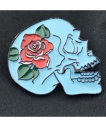 Blue Skull Rose Pin Floral Goth Death Pinback - £10.28 GBP