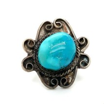 Vintage Sterling Silver Native American Chunky Turquoise Stone Scroll Ring 7 1/2 - $74.25