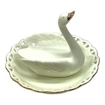 Avon 2000 Ivory Porcelain Swan Jewelry Dish Gold Trim - $11.63