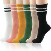 Women Patterned Crew Socks | 6 Pairs Colorful Calf Tube Stripes Yellow Green Bla - £30.04 GBP