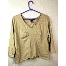 Joneswear Jeans Fitted Stretch V-Neck 3/4 Sleeve Ruched Shirt Khaki Size XL - $19.95