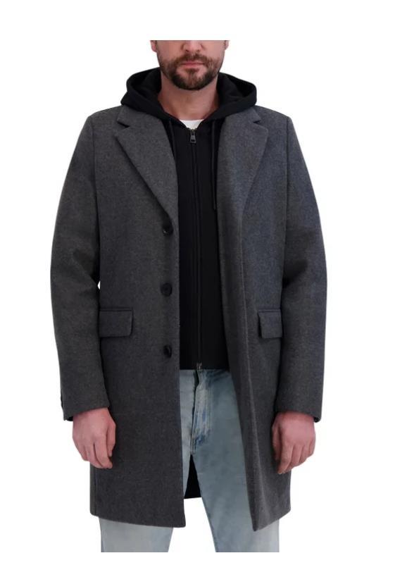DKNY Mens Overcoat Gray Faux Wool Pockets Removable Bib Hood Heavyweight Item image 2