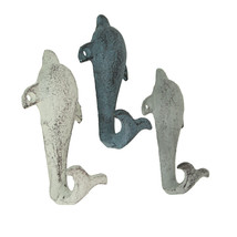 Set of 3 Colorful Coastal Cast Iron Dolphin Decorative Wall Hooks 5 inch - £30.85 GBP