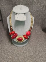 Red Chunky Bib Necklace Goldtone Unique Fashion Statement 19&quot; + Extender - £11.26 GBP