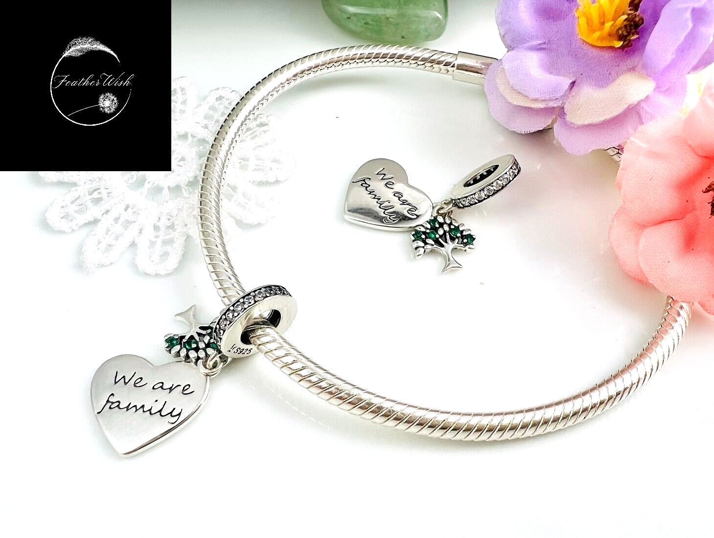 Primary image for Sterling Silver 925 We Are Family Green Tree Heart Dangle Charm For Bracelets