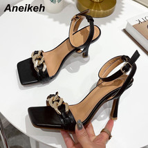Summer Fashion Ladies Square Open Toe Ankle Buckle Strap High Heels Shoes PU Met - £38.52 GBP
