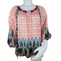 Fig and Flower Boho Sheer Top Womens M Orange Feather Print 3/4 Balloon Sleeve - £23.08 GBP