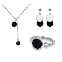Silver Color Simple Epoxy Black Round Wafer Necklace+Earrings+Ring For Women Jew - £9.57 GBP