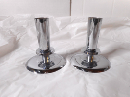 2 Candle Holders Vintage Unmarked Thin Metal Chrome Disk Shape Bottoms 3 1/4&quot; T - £9.09 GBP