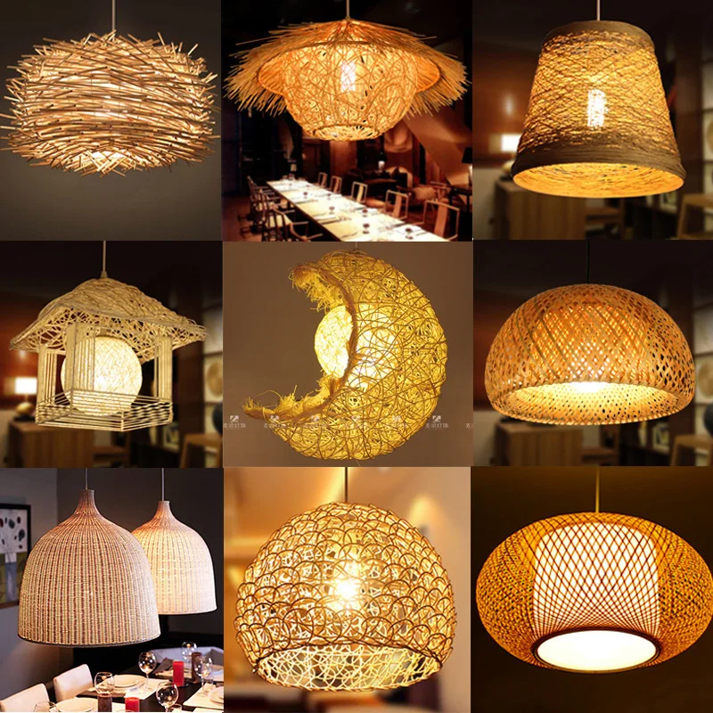 Chinese LED Rattan Chandelier Round Bird&#39;s Nest House Straw Hat Bamboo Lamp - $23.73+