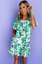 Green Floral Print Shirred Square Neck Loose Fit Mini Dress - $18.40