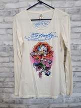 Ed Hardy Vtg M Golden Rose of Love Graphic Long Sleeve Off White Rhinest... - £45.00 GBP