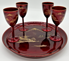 Vintage Japanese Lacquerware Set 4 Stemmed Sake Cordial Goblets &amp; Tray S... - $24.99
