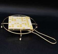 Mid Century Mosaic Yellow Tile Trivet Brass Stand  Footed Handle Metalli... - $24.74