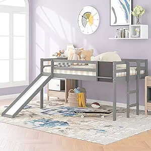 Twin Size Loft Bed Wood Bed With Slide, Stair And Chalkboard,Gray - $406.99