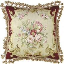 20x20 Aubusson Throw Pillow Hand-Woven Silk, Gold,Red Flowers, Tassel Trim - £384.07 GBP