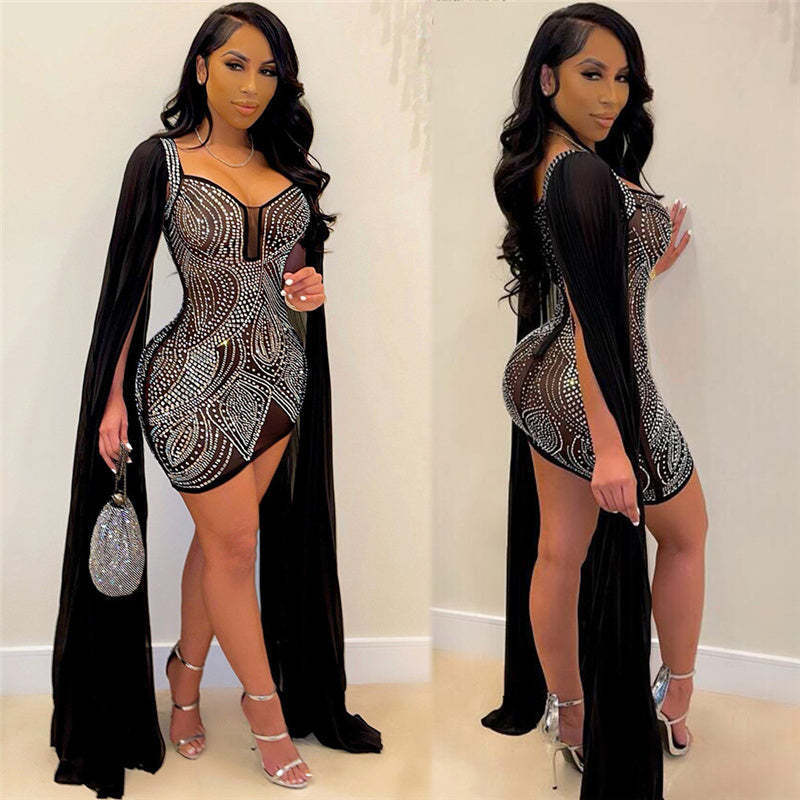 Luxury Sparkly Rhinestone Mesh Sheer Bodycon Mini Dress