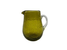 Vintage Green Crackle Glass Small Pitcher Hand Blown Applied Clear Handle  - $14.80